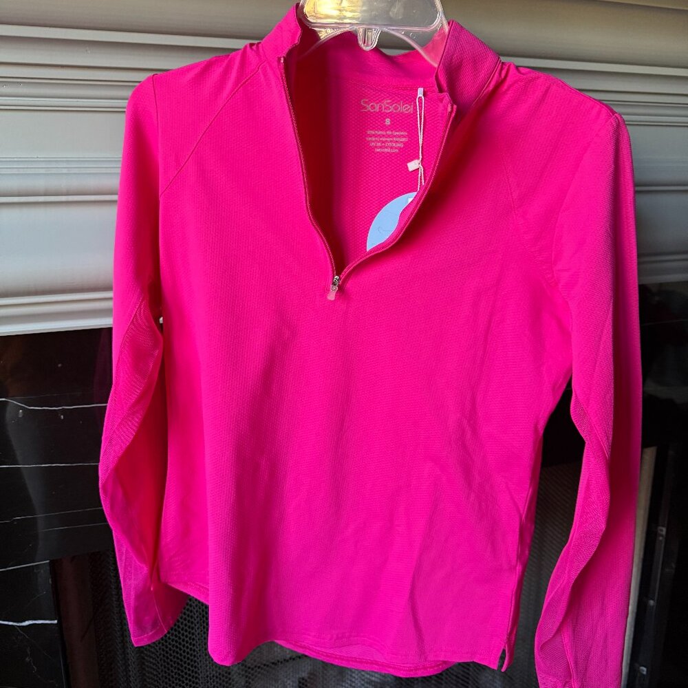 SanSoleil SolTek UV 50 Pullover, Solid Mock with Zip Fuchsia Size Small